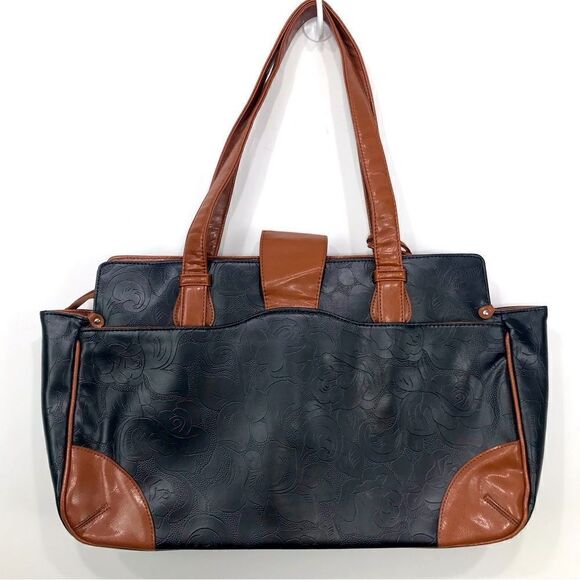 Gigi Hill LA Black Brown Tooled Vegan Leather Extra Large Travel Duffel Tote - Picture 6 of 16